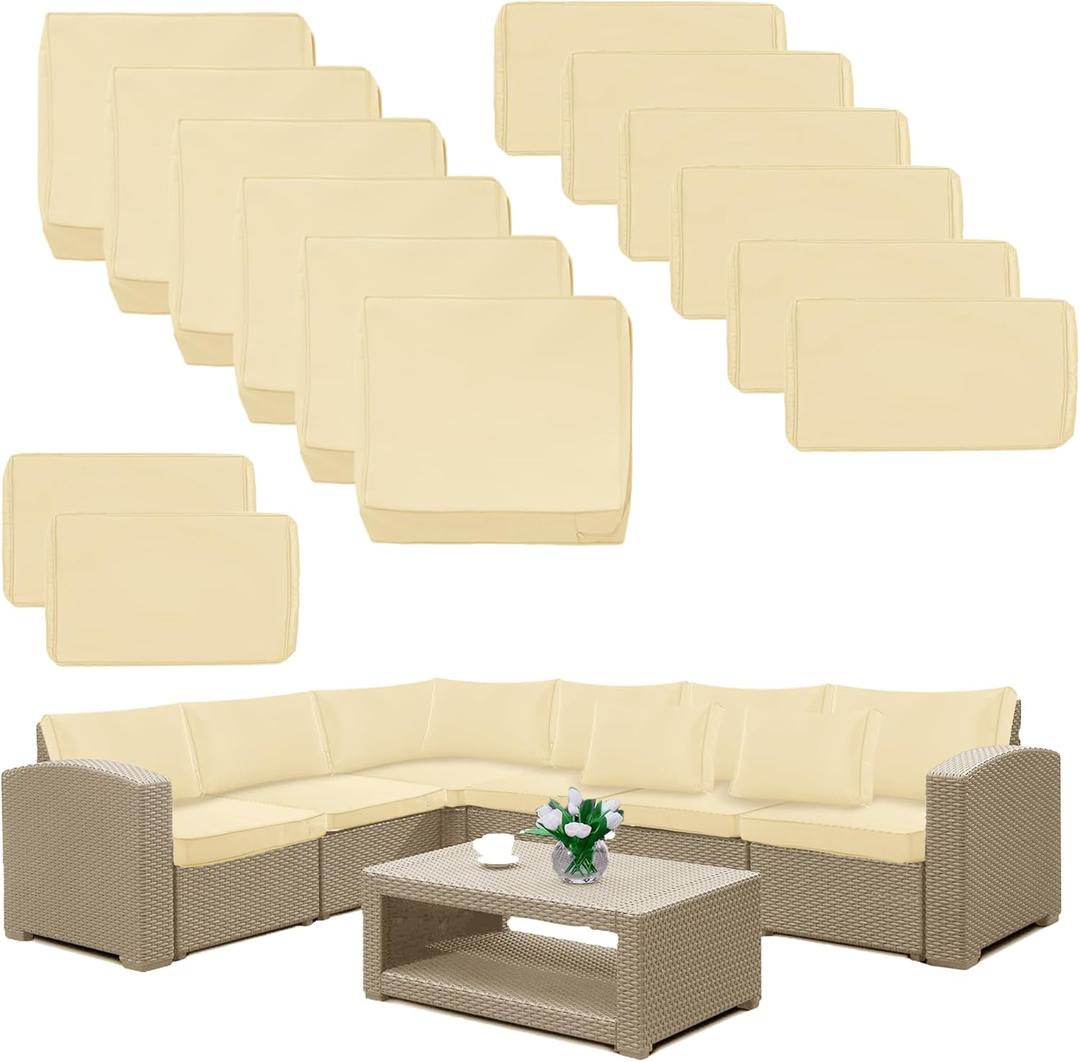 14 Pack Patio Cushion Covers Set Outdoor Cushion and Pillow Replacement for 7 Pieces 6 Seater Furniture Conversation Set Sectional Waterproof Patio Cushion Slipcovers Set Beige Covers ONLY (25.6"x25.6"x4.5"-14 Pcs, Beige)