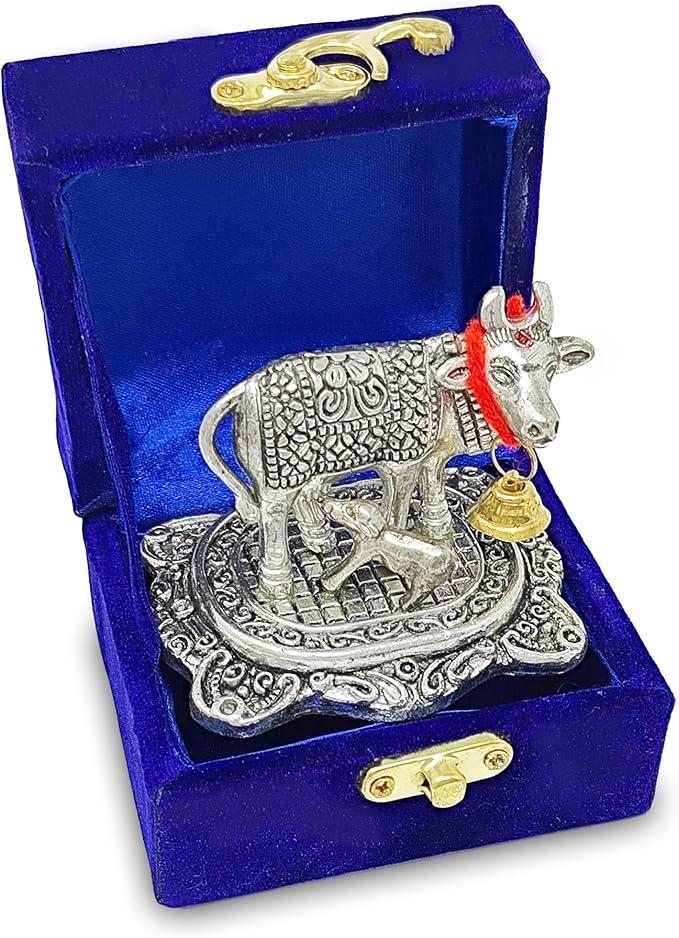 NOBILITY Pooja Items Diwali Gift Silver Antique Small Kamdhenu Cow and Calf with Blue Box Metal Statue Decorative Item Showpiece for Home Office Decoration Wedding Return Gifts