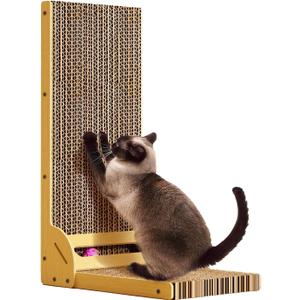 L-Shaped Cat Scratcher for Indoor Cats  Durable Cardboard Scratching Pad with Ball Toy & Catnip, Furniture Protector Cat Scratcher Lounge, Large Cat Scratch Board (Natural Design)