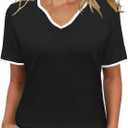 2 x JomeDesign Womens Summer Tops Short Sleeve Color Block V Neck Shirts Loose Fit Casual Blouses (Black, M)