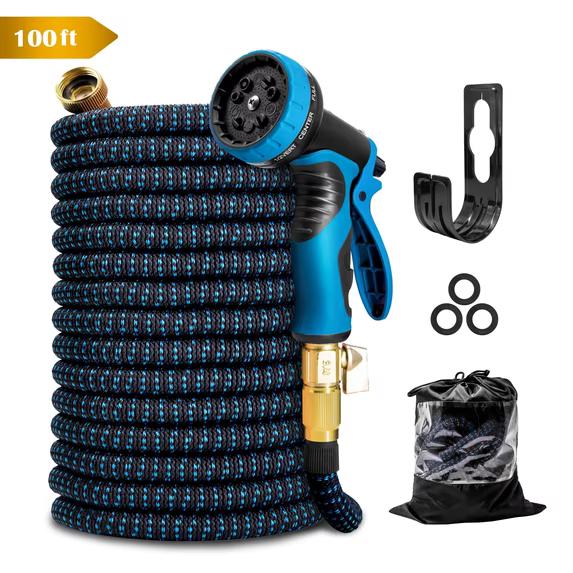 Kotto 100 ft Flexible Garden Hose, Water Hose for Outside with 10 Spray Nozzles, Brass Connector, Leak-Proof, Blue
