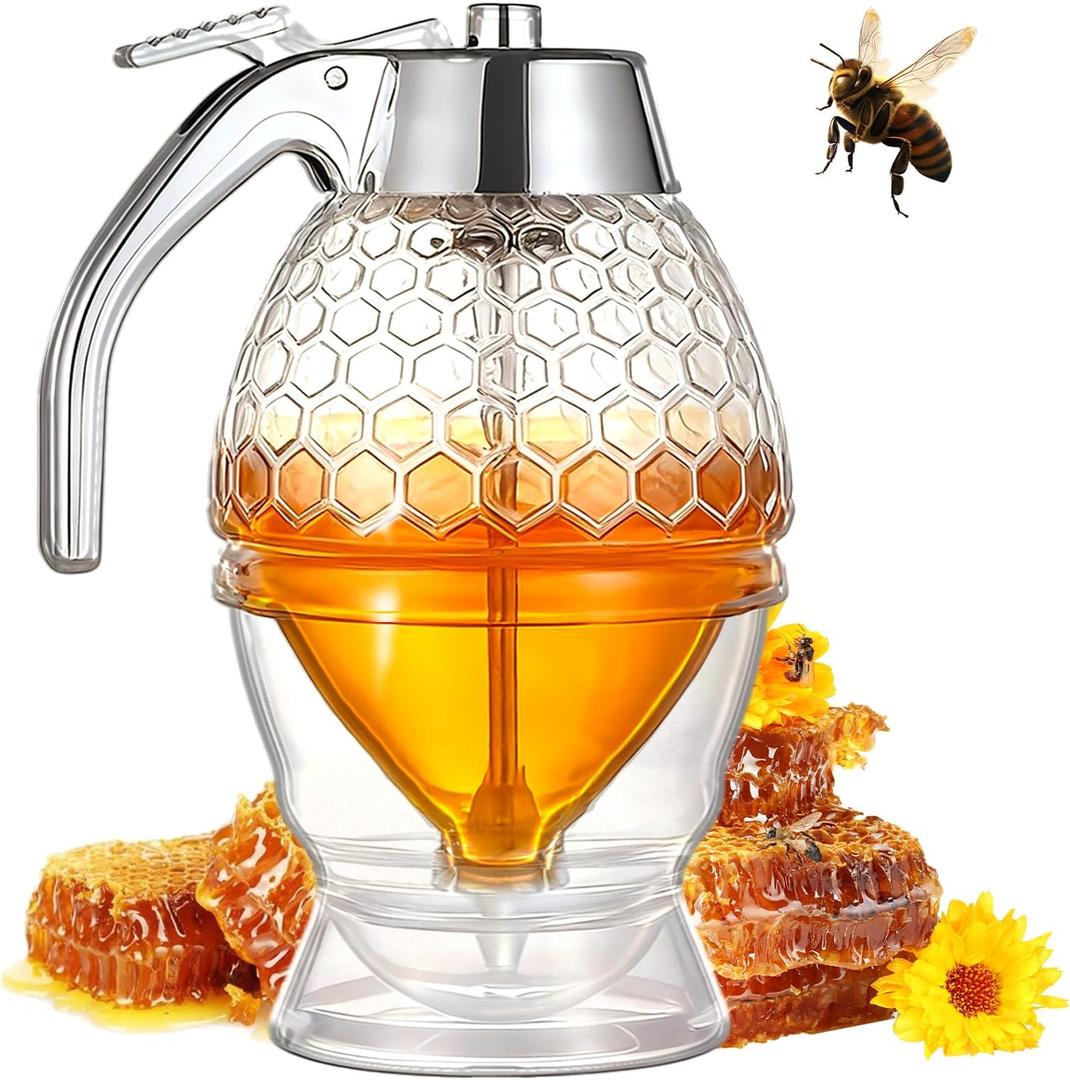 Honey Dispenser - Glass Honey Dispenser No Drip, 8oz Pot with Stand, Maple Syrup Container, Elegant Honeycomb Shaped Jar for Tea Time 