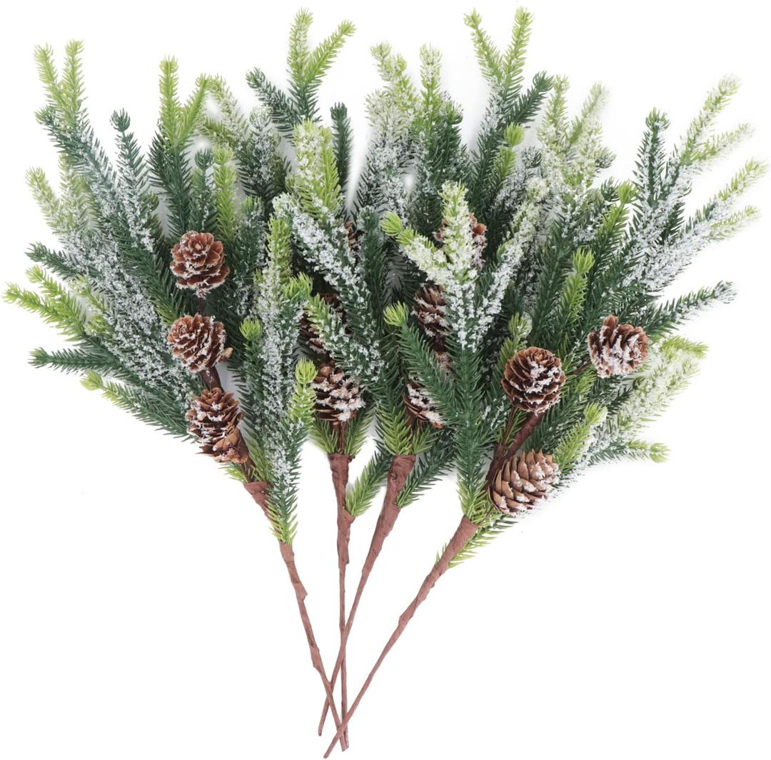 4 Pieces 14" Snowy Artificial Cypress Pine Needles Branches Fake Frosted Pine Picks Greenery Christmas Tree Sprays with Pinecones Stems for Holiday Seasonal Arrangement White Winter Dcor (4)