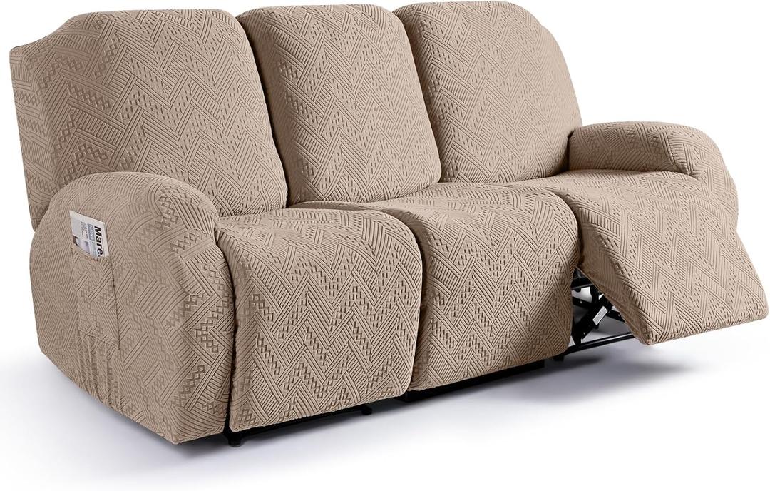 Ruaozz Recliner Sofa Covers Recliner Chair Covers Couch Covers for Reclining Couches with Pockets Washable Furniture Protector with Elastic Bottom (3 Seater, Khaki)