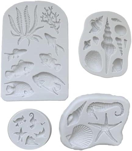 AFINSEA 4PCS Marine Theme Fondant Silicone Mold Seaweed Sea Fish Crab Coral Conch Sea Shells Shape DIY Handmade Baking Tools, For Theme Cake Cookie Chocolate Candy Decoration Fondant Polymer Clay
