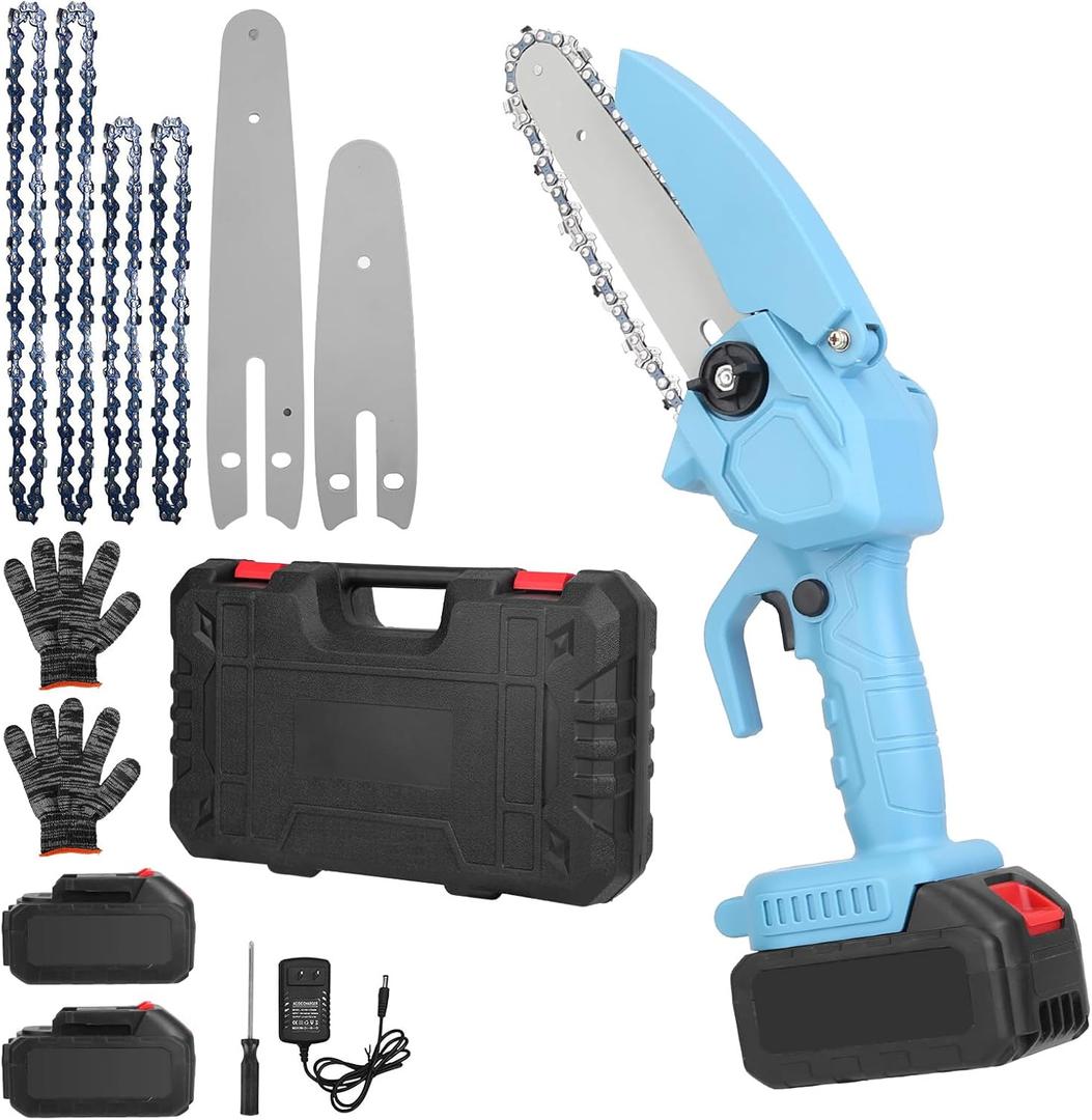 Mini Chainsaw,6inch & 4inch Portable Cordless Electric Chainsaw with 2 Batteries,2 Chains, 2PCS 21V 2000mAh Batteries,Handheld Chain saw for Tree Trimming Branch Wood Cutting (Blue)