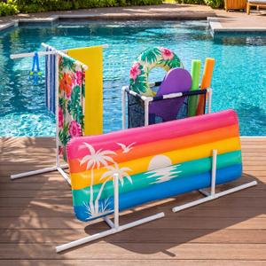 Weysat Four in One Pool Float Storage with Towel Rack Outdoor Holder Pool Side Organizer Towel Rack with Removable Mesh Hamper for Noodles Toys Balls Raft Goggles Swimming Equipments Drying Stand
