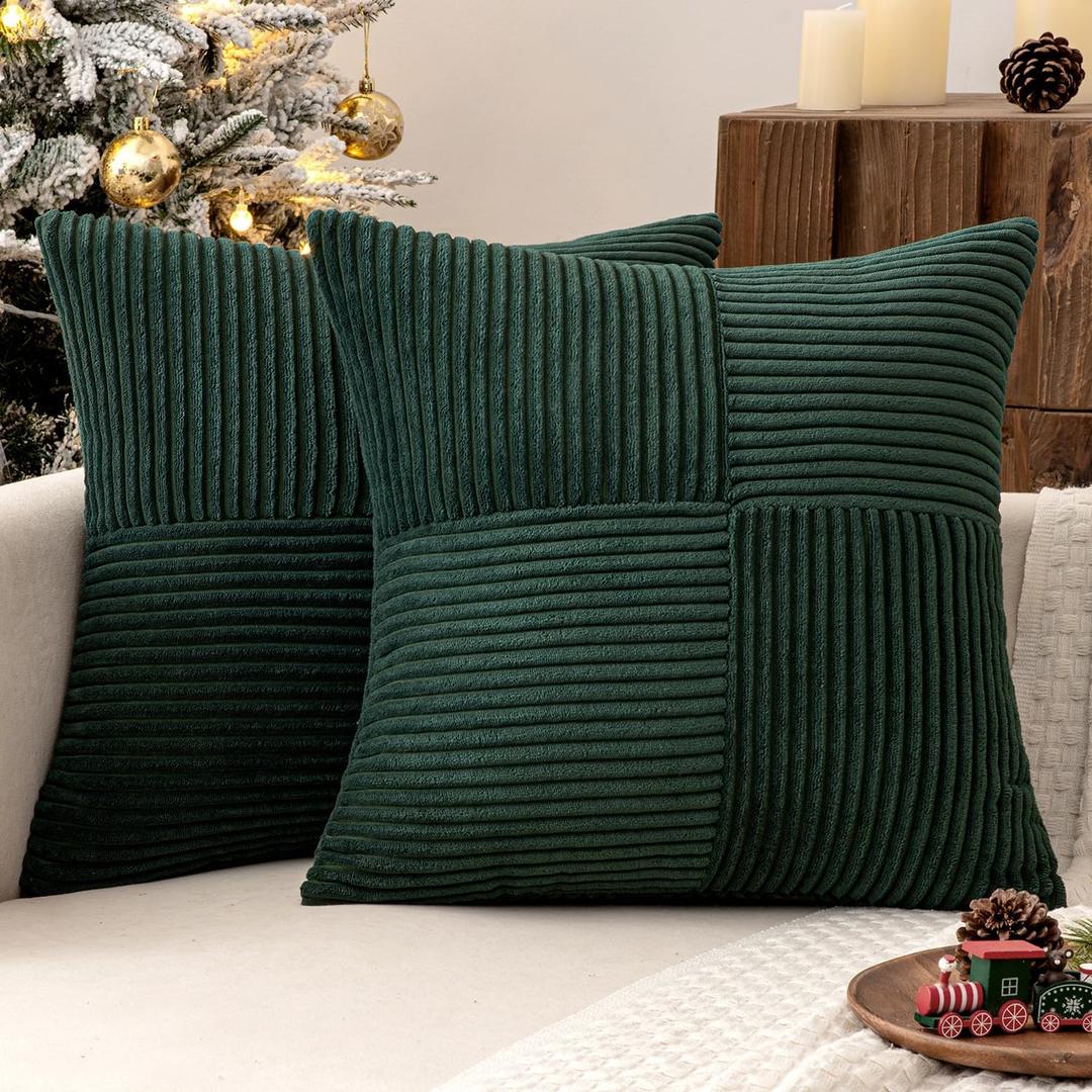 MIULEE Christmas Army Green Corduroy Pillow Covers Pack of 2 Boho Decorative Spliced Throw Pillow Covers Soft Solid Couch Pillowcases Cross Patchwork Cushion Covers for Living Room Bed Sofa 16x16 inch