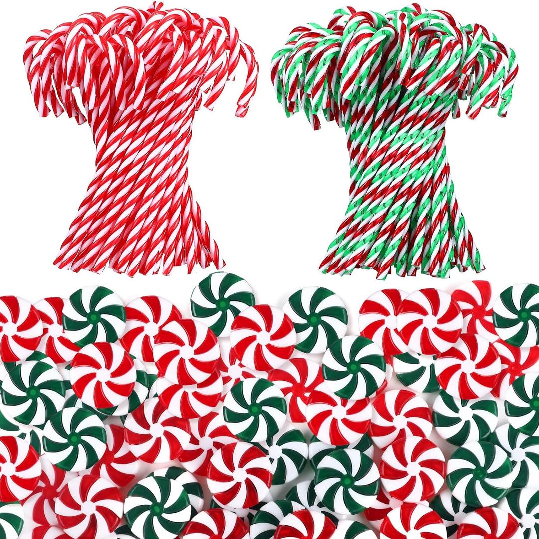 Thyle 120 Pcs Christmas Candy Cane Plastic Candy Decorations Peppermint Ornaments for Christmas Tree Lollipop Craft Decor for Xmas Home Party Supplies(Red, Green, White)