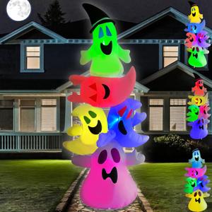 7FT Halloween Inflatable Overlap Ghost Outdoor Decorations with Colorful LED Lights Halloween Inflatables White Ghost Blow Up for Party Yard Garden Lawn Decor