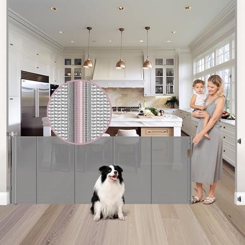 Reinforced 72" Wide Retractable Dog Gate with Support Rods - Prevent Crawling Under Extra Wide Baby Gate Retractable Gate Outdoor, Retractable Pet Gate Long Dog Gate, Mesh Gates for Kids or Pets, Gray