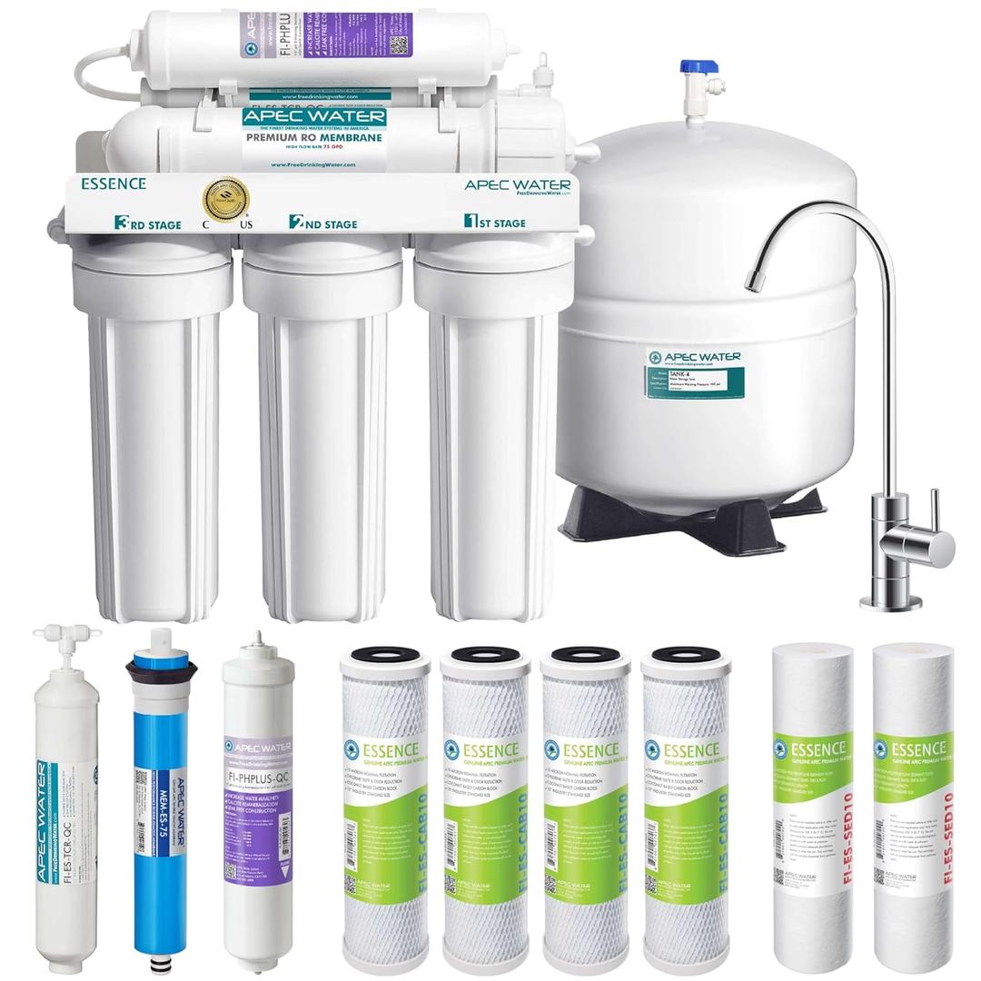 APEC Water Systems ROES-PH75 Essence Series Top Tier Alkaline Mineral pH+ 75 GPD 6-Stage Certified Ultra Safe Reverse Osmosis Drinking Water Filter System with Extra High Capacity Filter Set Stage 1-3 (RO Value Bundle)