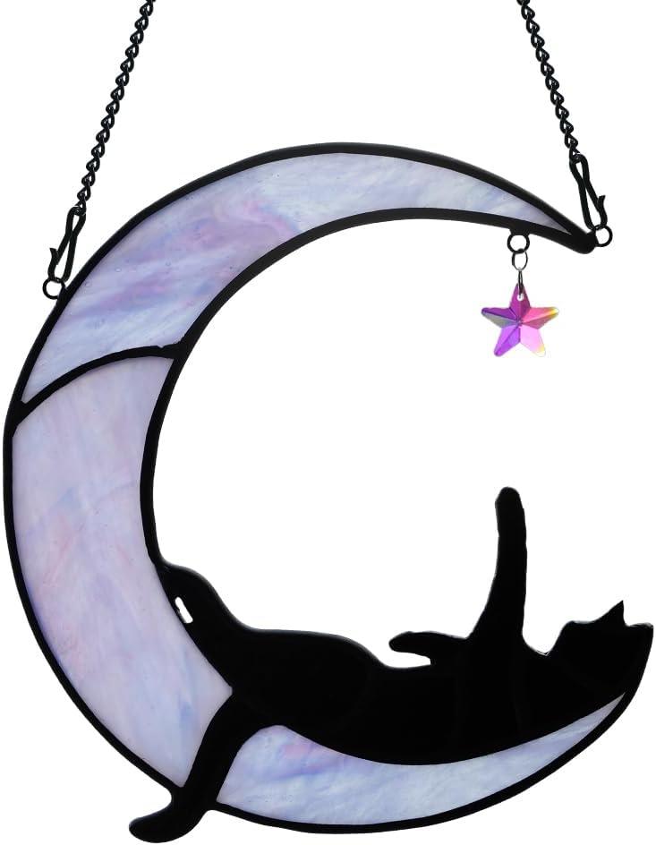BOXCASA Black Cat Moon Suncatchers for Windows Hanging,Funny Stained Glass Cats Gift,Witchy Gifts for Women,Cats Themed Gifts for Women