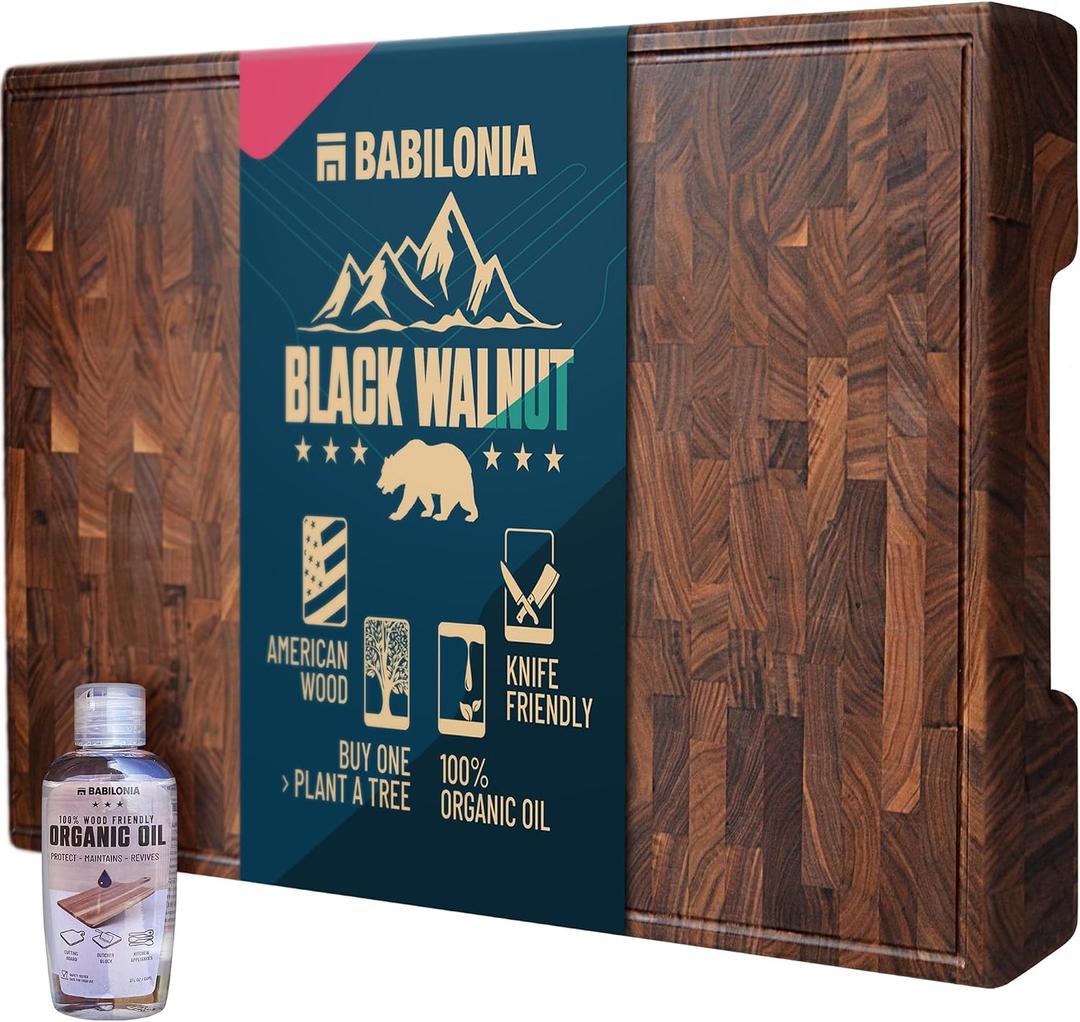 American Black Walnut Cutting Board - 19.7" x 12.2" (ExtraThick 1.7") Hardwood Butcher Block, Charcuterie, Heavy Duty End Grain Wood Chopping Board with Juice Groove & Handles (Oil & Plate Included)