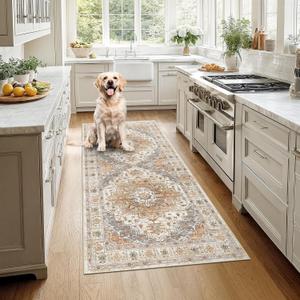 Madane Hallway Runner Rug 3x6 - Washable Kitchen Rugs Entryway Rug Runner Vintage Soft Floor Mat Non Slip Indoor Farmhouse Carpet for Bathroom Living Room Bedroom (3 X 6, Turmeric/Grey)