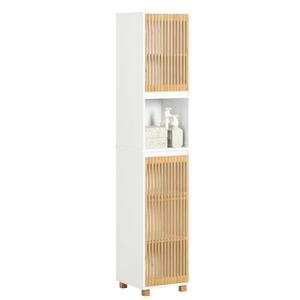 SoBuy Bathroom Tall Storage Cabinet with Hollow Cabinet Door Storage Rack Unit Freestanding Cupboard with Shelves, Natural and White, BZR127-W