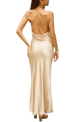 Summer Satin Maxi Dresses for Women 2025 Elegant Classy Silk Formal Sleeveless Open Back Spaghetti Strap Wedding Guest Dress Champagne, Medium