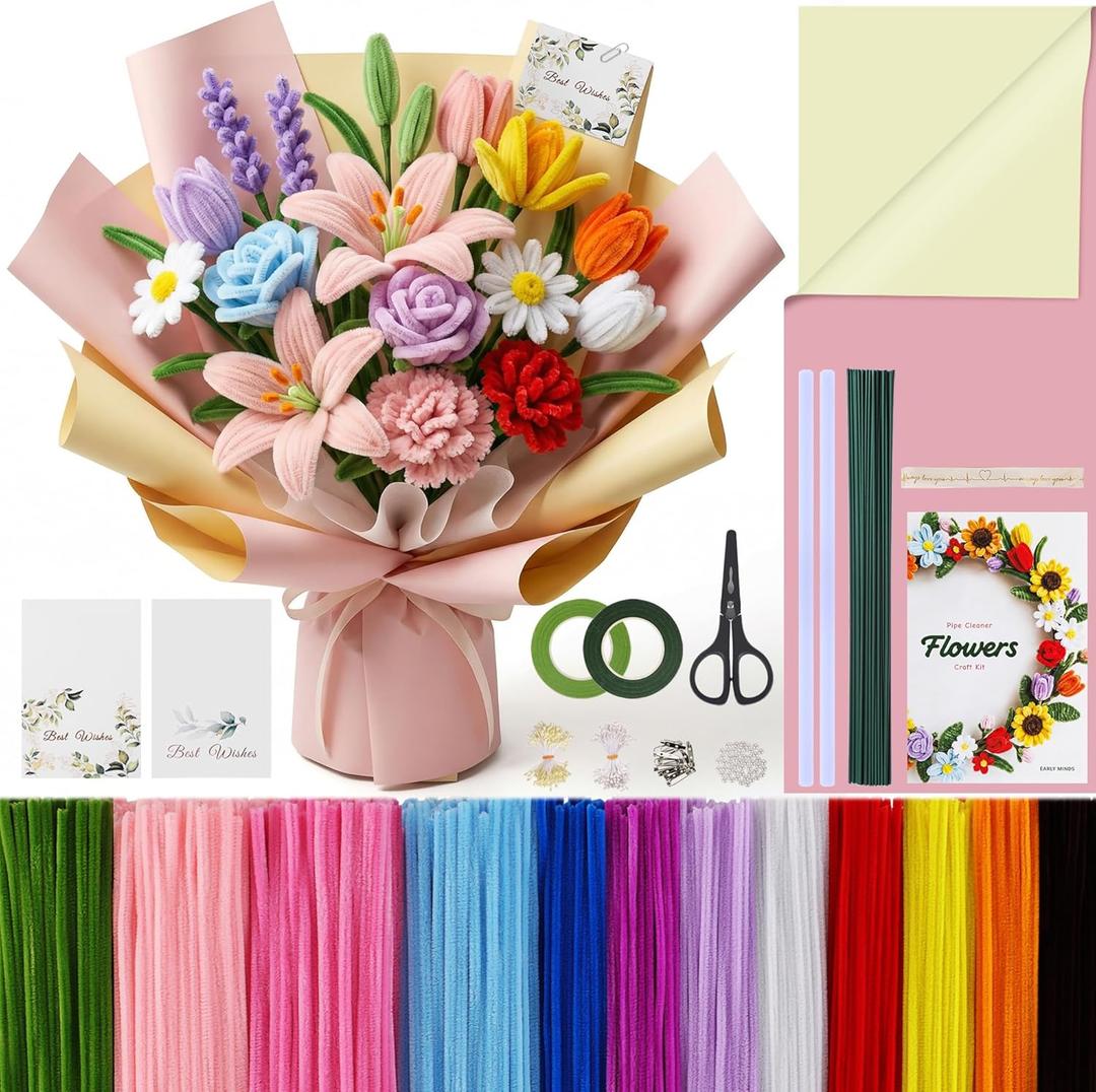 EARLY MINDS 800Pcs Pipe Cleaner Flower Kit with Tutoria, 12 Colors Chenille Stems Craft Making Set with Floral Tape, Flower Stems, Gift Wrap & More, DIY Bouquet Handmade Gifts for Mother's Day