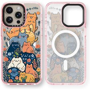 Magnetic for iPhone 15 Pro Magsafe Case Cute - Durable Shockproof 6.6 ft Drop Impact Phone Case - Funny Cats Party Design for iPhone 15 Pro 6.1" Glitter Pink