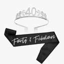 BLUE PANDA 40th Birthday Sash and Tiara for Women, Forty and Fabulous Party Decorations (Black Satin 40th Birthday Sash For Women)