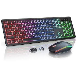 Wireless Keyboard and Mouse Combo, RGB Backlit, Rechargeable & Light Up Letters, FullSize, Soft Typing, Sleep Mode, 2.4GHz Quiet Keyboard Set for Mac, Windows, Laptop, PC, Trueque KM42Pro (Black)