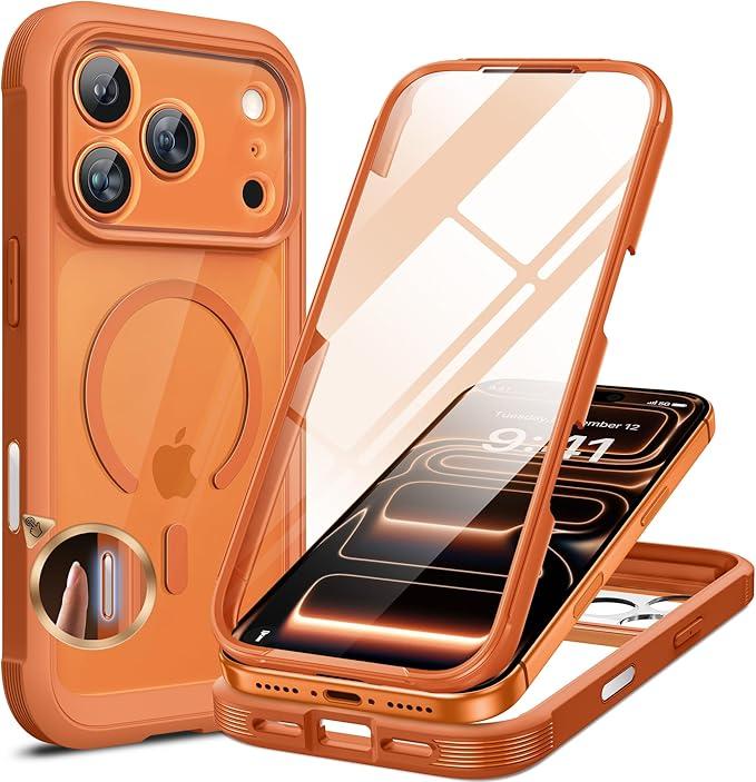 Misscase for iPhone 17 Pro Magnetic Case,[Military Drop Protection] Clear Hard Plastics Cover, Camera Lens Protector,Compatible with MagSafe,Anti Yellowing Full Protection Cases-Orange