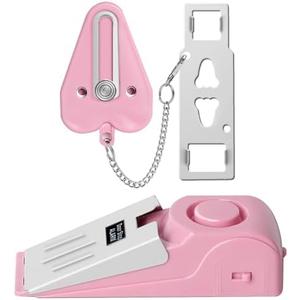 Portable Door Lock & Door Stop Alarm Set, Dual Protection Home Security Door Kit, Travel Hotel Door Lock Devices Pocket Self Defensey Tools for Traveling Hotel Home Apartment,Pink