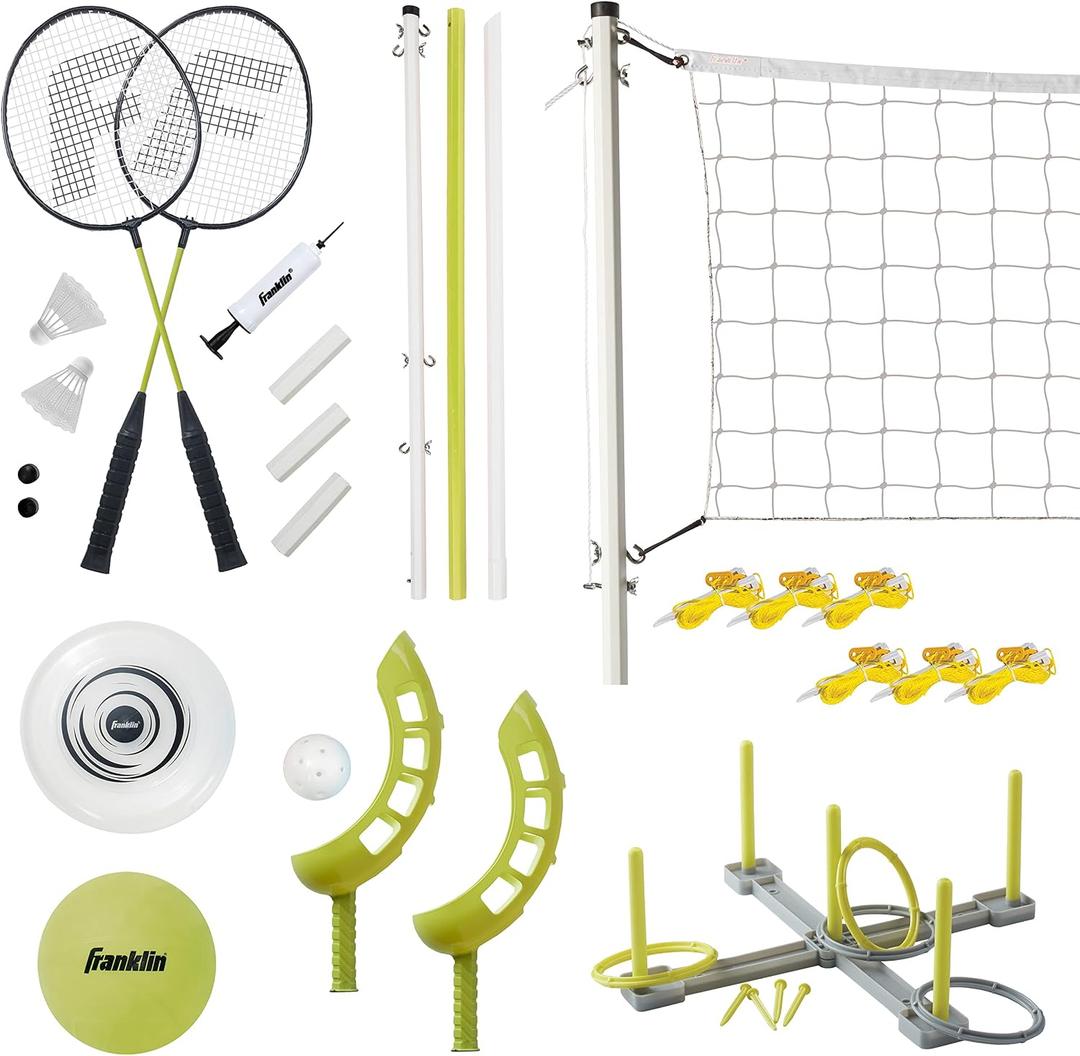 Franklin Sports Fun 5 Combo Outdoor Game Set - Backyard, Beach + Camping Games for Kids - Badminton, Volleyball, Flip Toss, Flying Disc - Horseshoes or Ring Toss, One Size