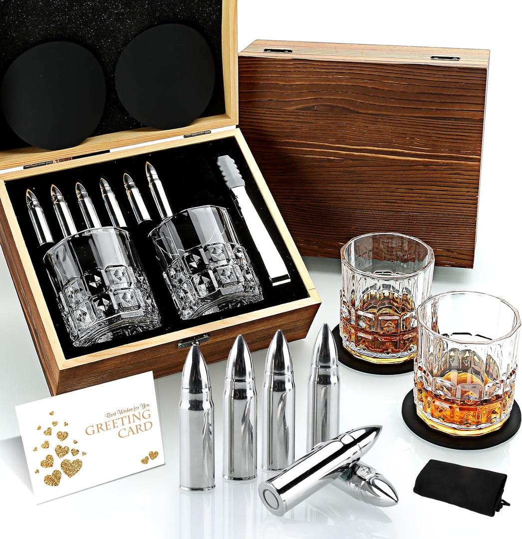 Gifts for Men Dad, Father's Day Anniversary Birthday Gifts Ideas for Him Husband Boyfriend, Stainless Steel Whiskey Stones and Whiskey Glasses Set, Unique Whiskey Bourbon Groomsman Gifts for Men Boss