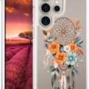 Compatible with Samsung Galaxy S24 Ultra Case Cute Clear for Women,Cool Transparent Silicone Phone Cases Cover - Orange Dreamcatcher Flowers