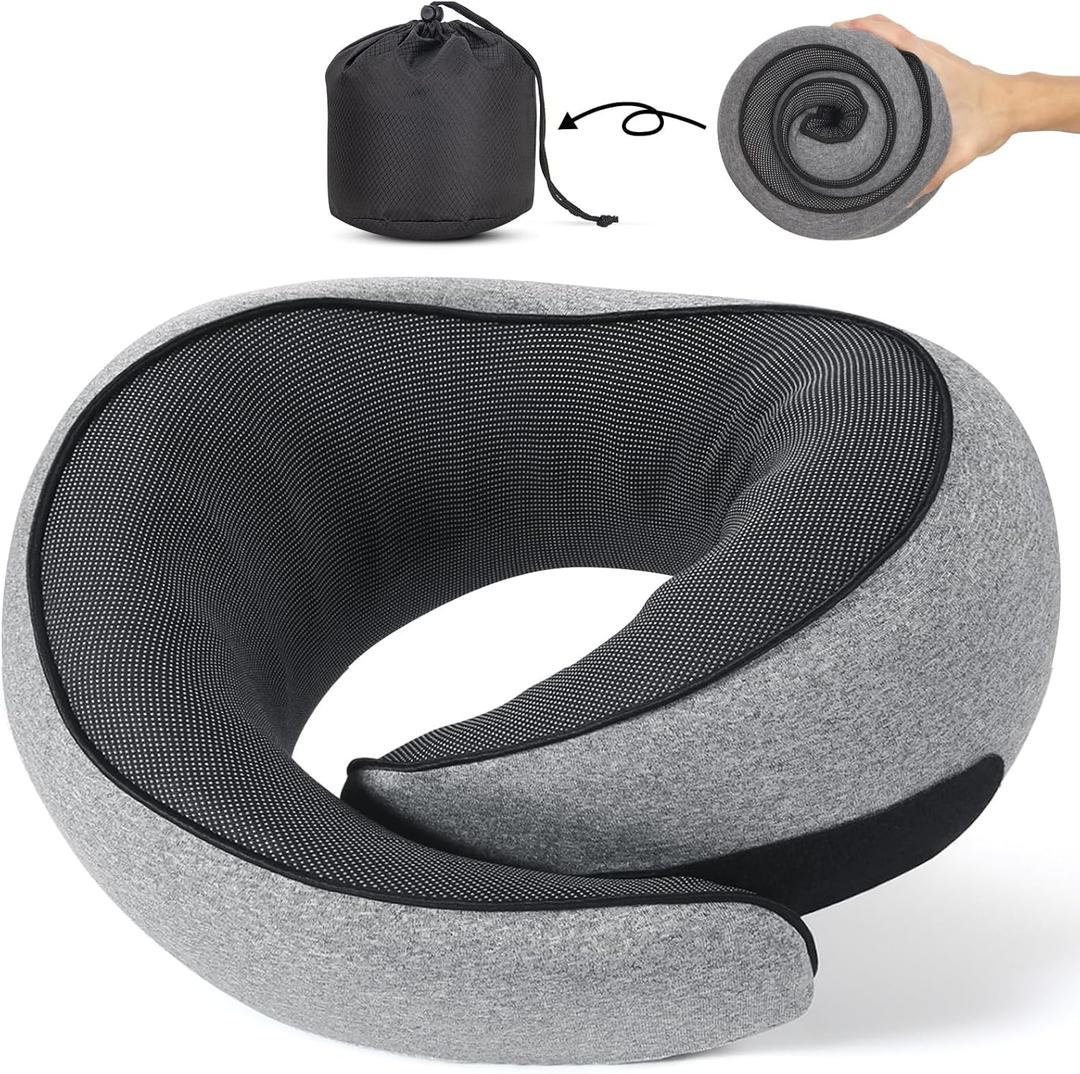 NOCRLG Travel Pillow, Travel Neck Pillow for Airplanes Car, 100% Pure Memory Foam Travel Pillow, Sleeping Essentials for Long Flight 360 Head Support Degree Comfort and Breathability (Grey)