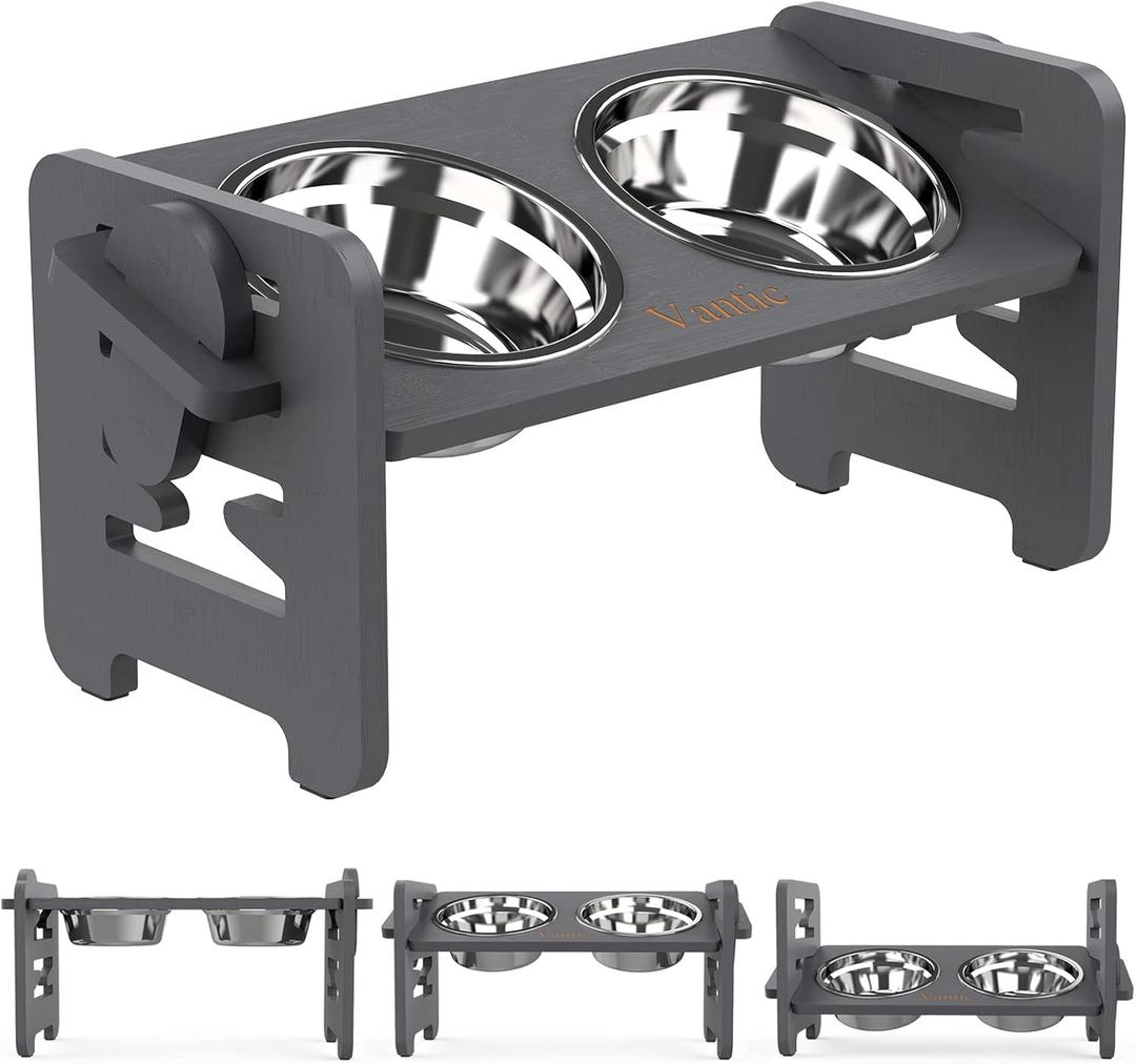 Vantic Elevated Dog Bowls, Adjustable Raised Dog Bowl Stand for Small Puppy and Cats, Sturdy Bamboo Pet Food Feeder with 2 Stainless Steel Dishes, Gray (Grey)