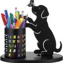 Tandefio Dog Pen Holder for Desk Cute Black Puppy Pencil Holder Metal Desk Accessories Organizer Makeup Brush Pen Cup for Back to School Stationery Office Home Decor Table Centerpiece Lover Gift Women