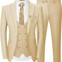 Men's 3 Piece Suits Slim Fit, Blazer Double Breasted Vest and Pants, Wedding Prom Business Suit with Gold Button (Medium, Champagne)