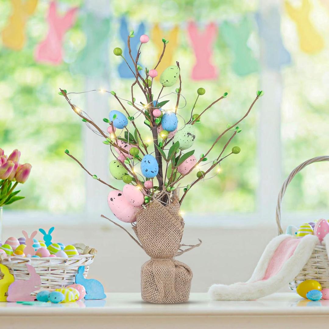 16 Inch Easter Egg Tree with LED Lights, Colorful Easter Tree Ornament Tabletop Decor Centerpiece Artificial Egg Tree Easter Plant Decorations for Home Party Wedding Holiday Spring