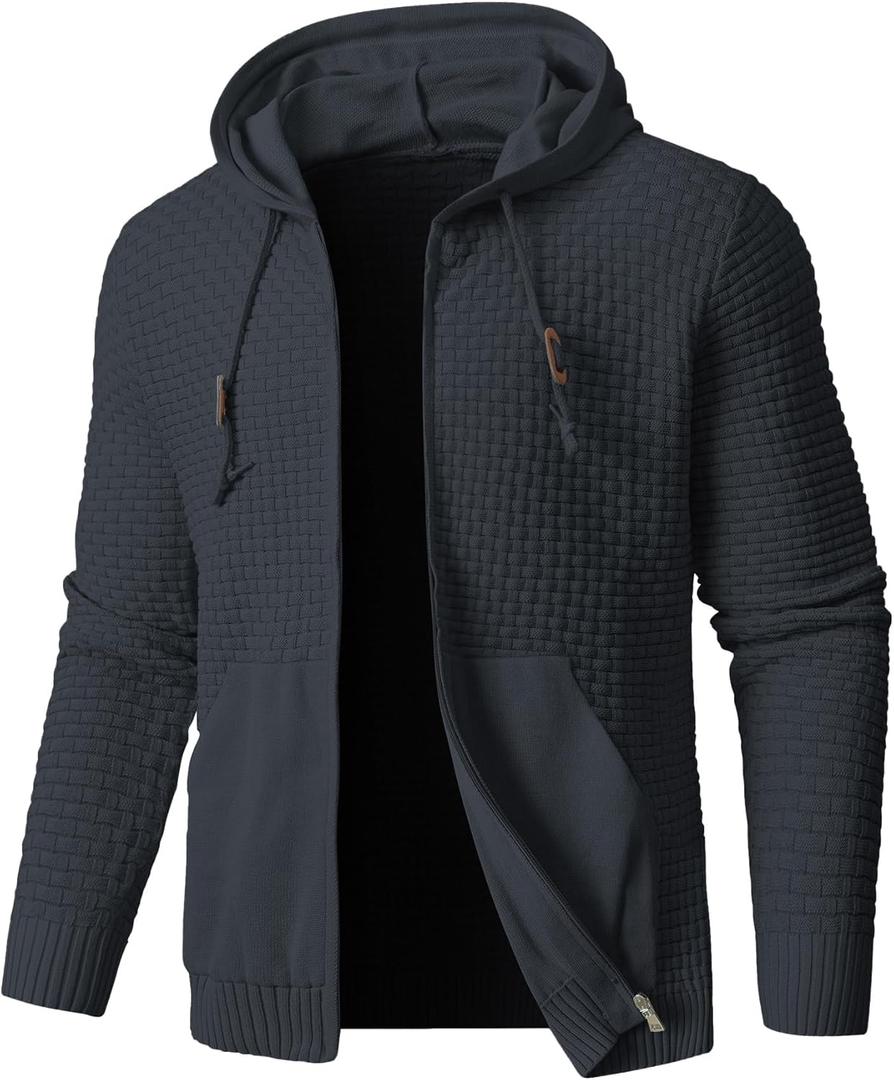 Zaitun Men's Full Zip Up Hooded Cardigan Sweater with Pockets (Gunmetal Grey) L