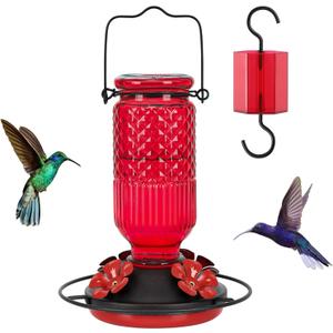 FEED GARDEN Glass Hummingbird Feeder for Outdoors Hanging, 16 OZ Humming Bird Feeders with 4 Bee Guard Feeding Ports & Built-in Ant Moat, Hummingbird Gifts for Mom Bird Feeder for Outside, Red