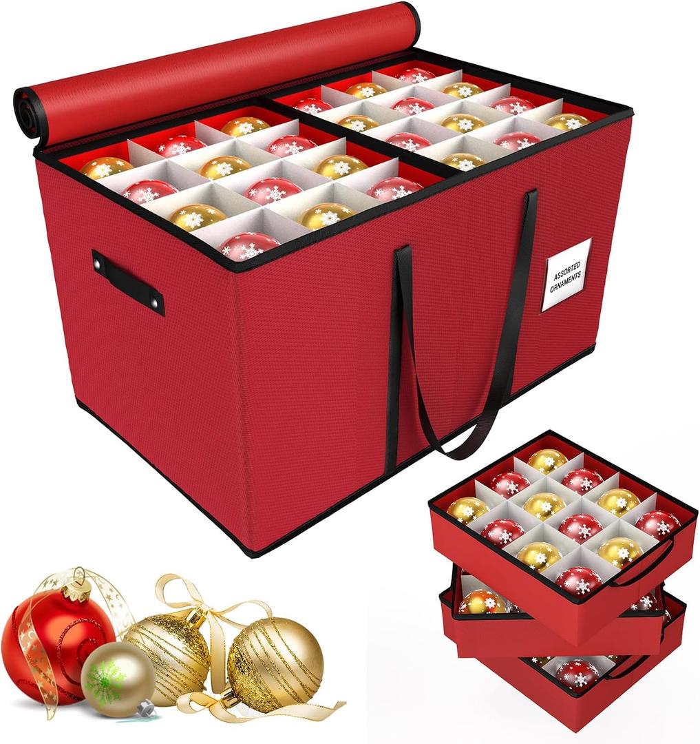Christmas Ornament Storage Box, Stores 96-4" Large Ornaments with Individual Trays, Ornament Organizer Storage Box, Durable 600D Oxford Material, Extra Pockets, Dual Zipper - Red
