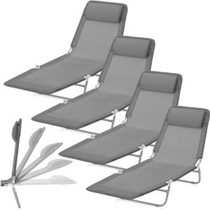 Suzile 4 Pack Folding Chaise Lounge Chair Tanning Chairs with Adjustable 5 Position and Pillow Waterproof Breathable Mesh Steel Frame Pool Sun Tanning Chair for Beach Yard Patio Lawn (Dark Gray)