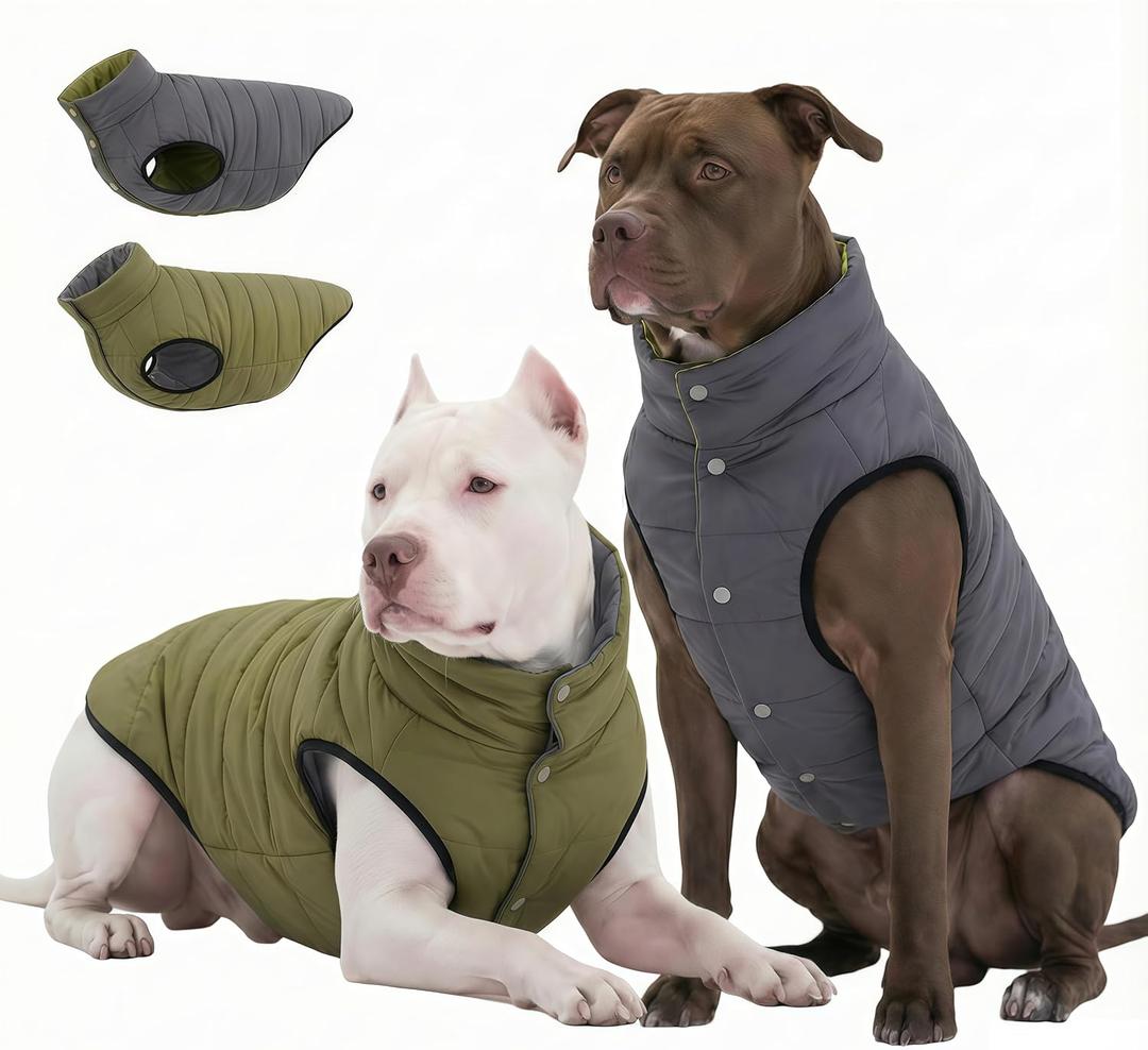 LovinPet Reversible Dog Puffer Coat for Medium & Large Dogs, DownInsulated Winter Jacket, WaterResistant & WindResistant, AntiStatic, Dual-Sided Dark Green & Grey for Cold Weather,3XL