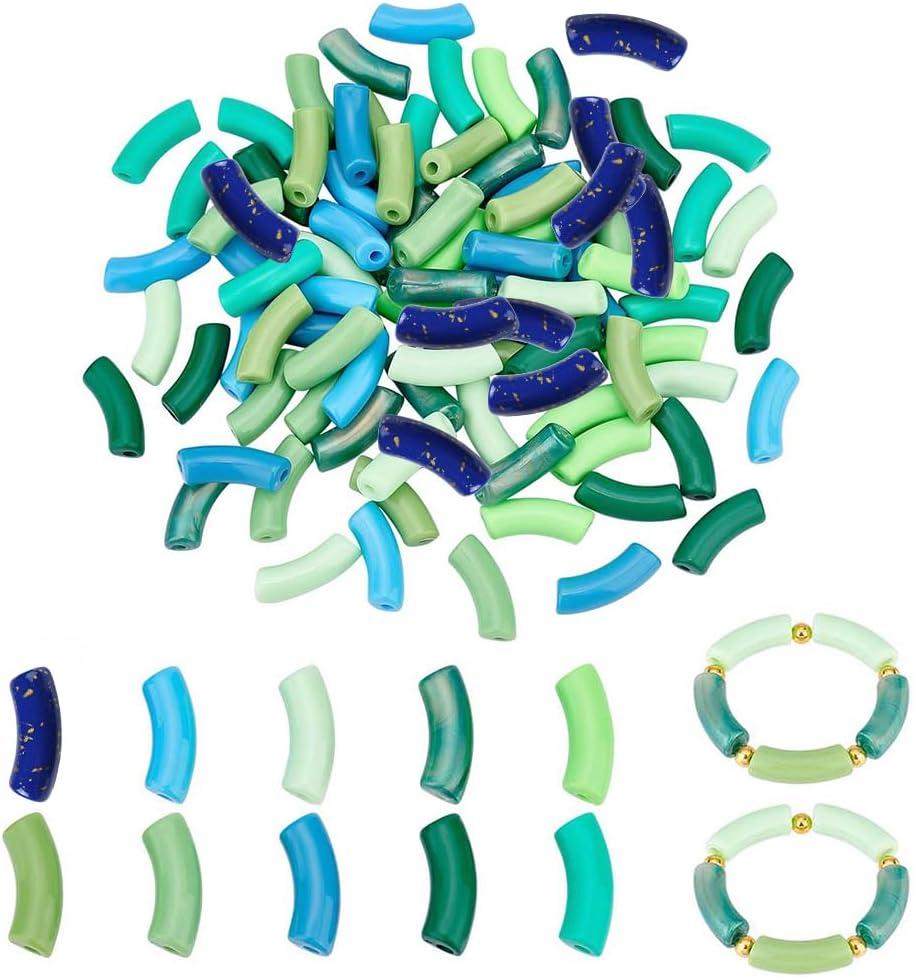 PH PandaHall 100pcs Acrylic Curved Tube Beads, 10 Style 35mm Opaque Chunk Spacer Beads Spring Summer Long Tube Noodle Slide Beads for St. Patricks Bracelet Necklace Jewelry Making (Green)
