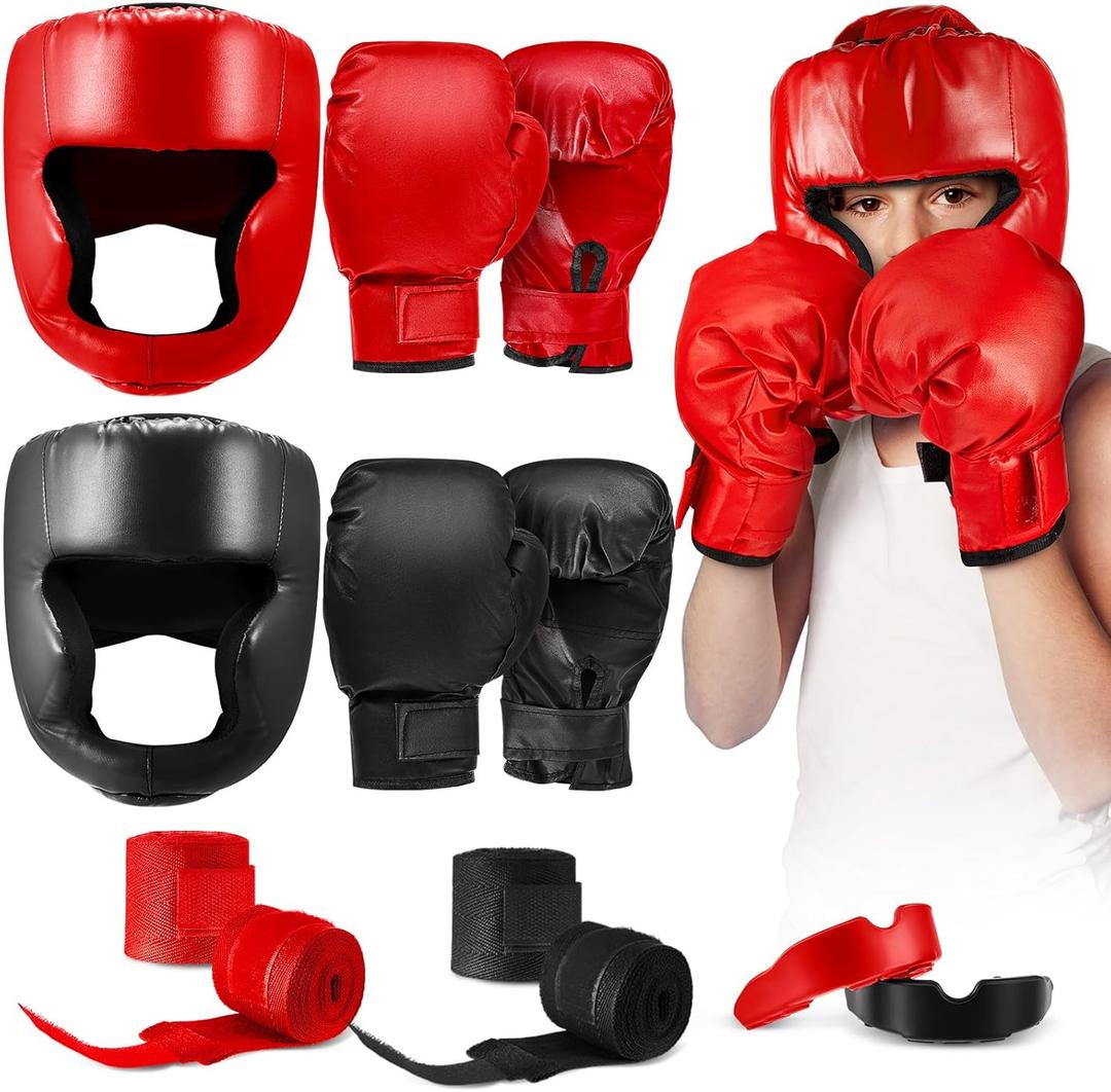 Kanayu 12 Pcs Kids Boxing Equipment Set for Beginners Ages 6-18 Years Including Boxing Helmet and Gloves Hand Wraps Sport Mouthguards Taekwondo Sparring Gear for Kids and Children (Black, Red)