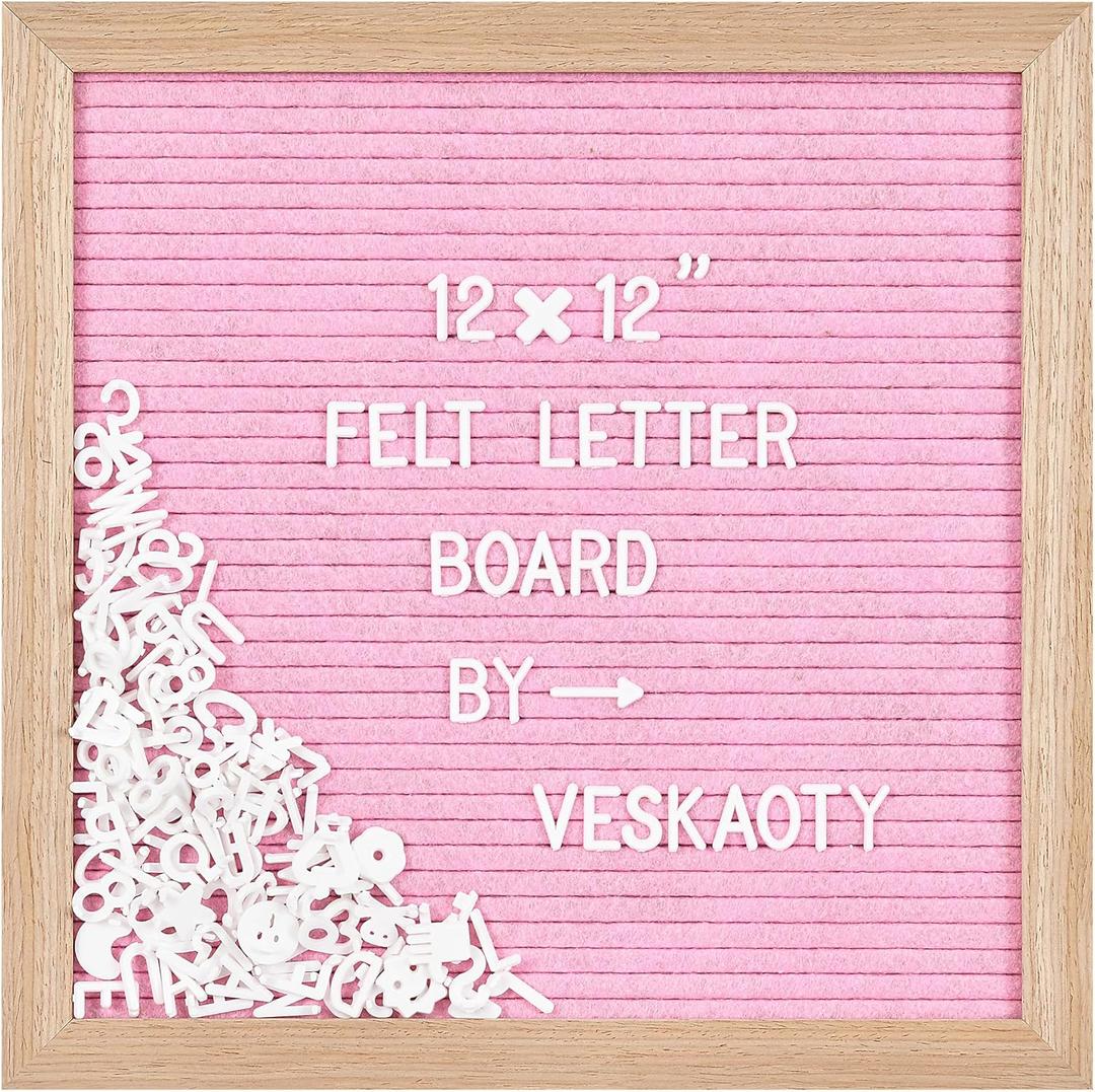 Felt Letter Board with 460 Letters, Numbers & Symbols - 12 x 12 inch Changeable Message Board with Wooden Frame Wall Mount Hook (Pink)