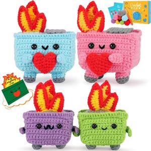Crochet Kit for Beginners, 4PCS Dumpster Fire Crochet Starter Kit with Step-by-Step Video Tutorials, Emotional Positive Support Beginner Crochet Kits for Adults Women, Funny Crochet Gifts Valentine (Blue Pink Purple Green)