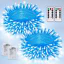 JMEXSUSS 2 Pack Blue and White Battery String Lights, Each 33ft 100 LED Battery Powered Christmas Lights with Remote for Outside Party Birthday