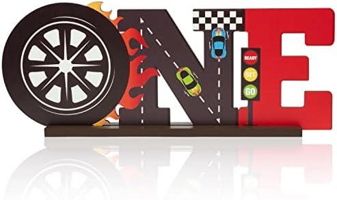 G1ngtar Race Car ONE Letter Sign Wooden Table Centerpiece Let’s Go Racing Checkered Theme 1st Birthday Party Decoration Supplies Milestone Cake Smash Baby Shower Photo Prop Table Decor for Baby Boys