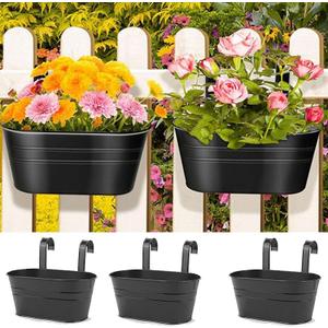 10.6" Oval Iron Hanging Flower Pots - Rust-Resistant Metal Planters with Detachable Hooks for Garden, Yard & Home Decor (Black 3 PCS)