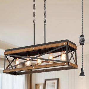 Rustic Farmhouse Plug in Kitchen Island Lighting, 5 Lights Rectangular Pendant Light Fixture with Adjustable Chain, Dimmable Switch, Oak Wood and Metal Linear Chandelier for Dining Room Home, Black, Large 5-Light Hanging Lamp