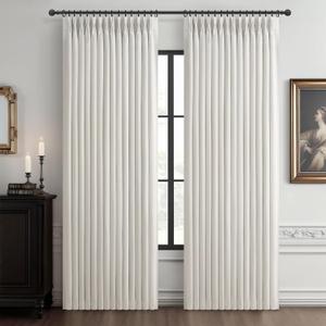 Pinch Pleated Black Out Curtains 84 Inch Long for Living Room, Beige White Thick Linen Memory Trained Boho Bedroom Darkening Curtain 84 Inch Length 2 Panel Set Double Layer Thermal Viral Window Drapes