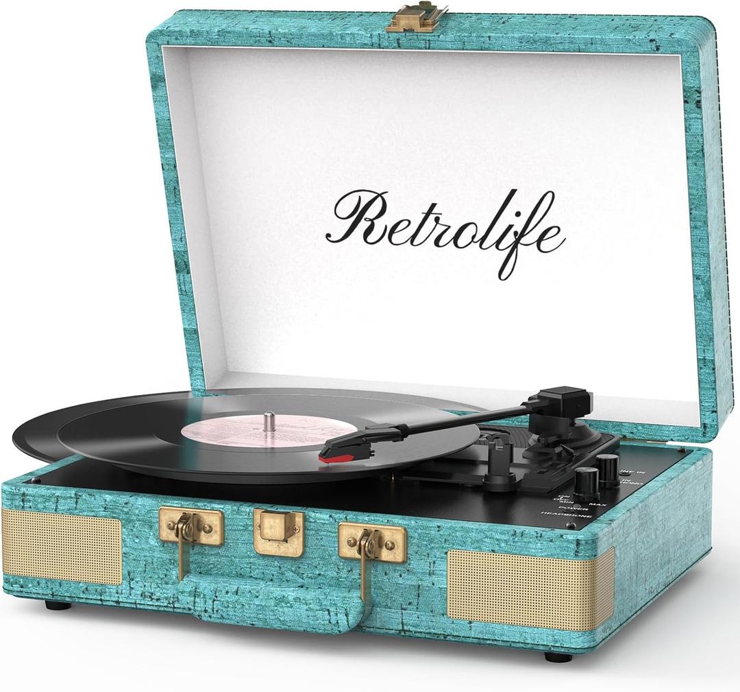 Retrolife Record Player 3 Speed Bluetooth Portable Suitcase Vinyl Player with Builtin Speakers Turntable Enhanced Audio Sound PU Leather Vintage